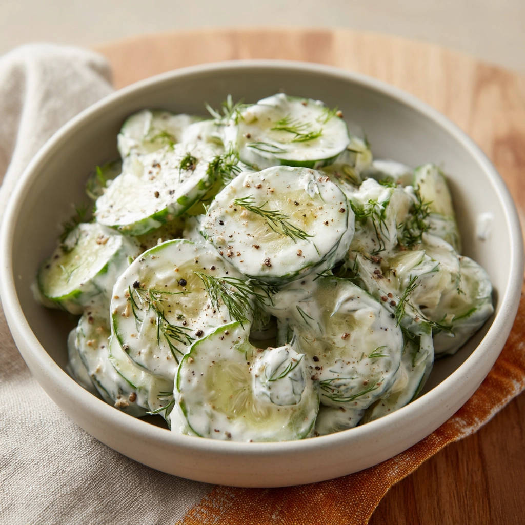Cremiger Gurkensalat mit Dill, nahaufnahme der cremigen Textur und frischen Dillspitzen, bestreut mit Pfeffer.