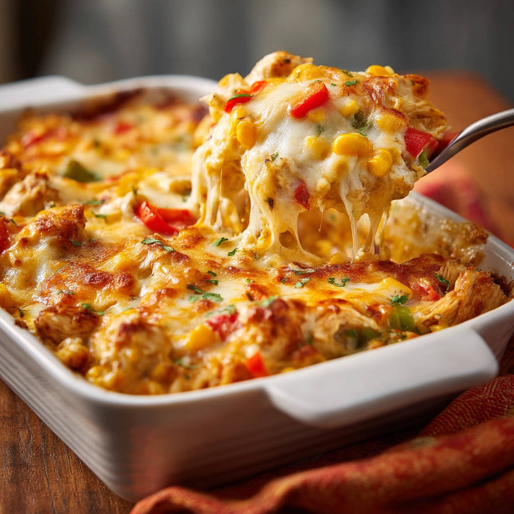 Cremiger Hähnchen-Mais-Auflauf mit schmelzendem Käse, aufgenommen mit einer Gabel, die eine Portion heraushebt.