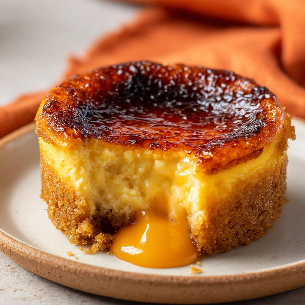 Cremiger Mini Käsekuchen mit Karamellkruste angeschnitten, zeigt das cremige Innere und die goldbraune Karamellkruste.