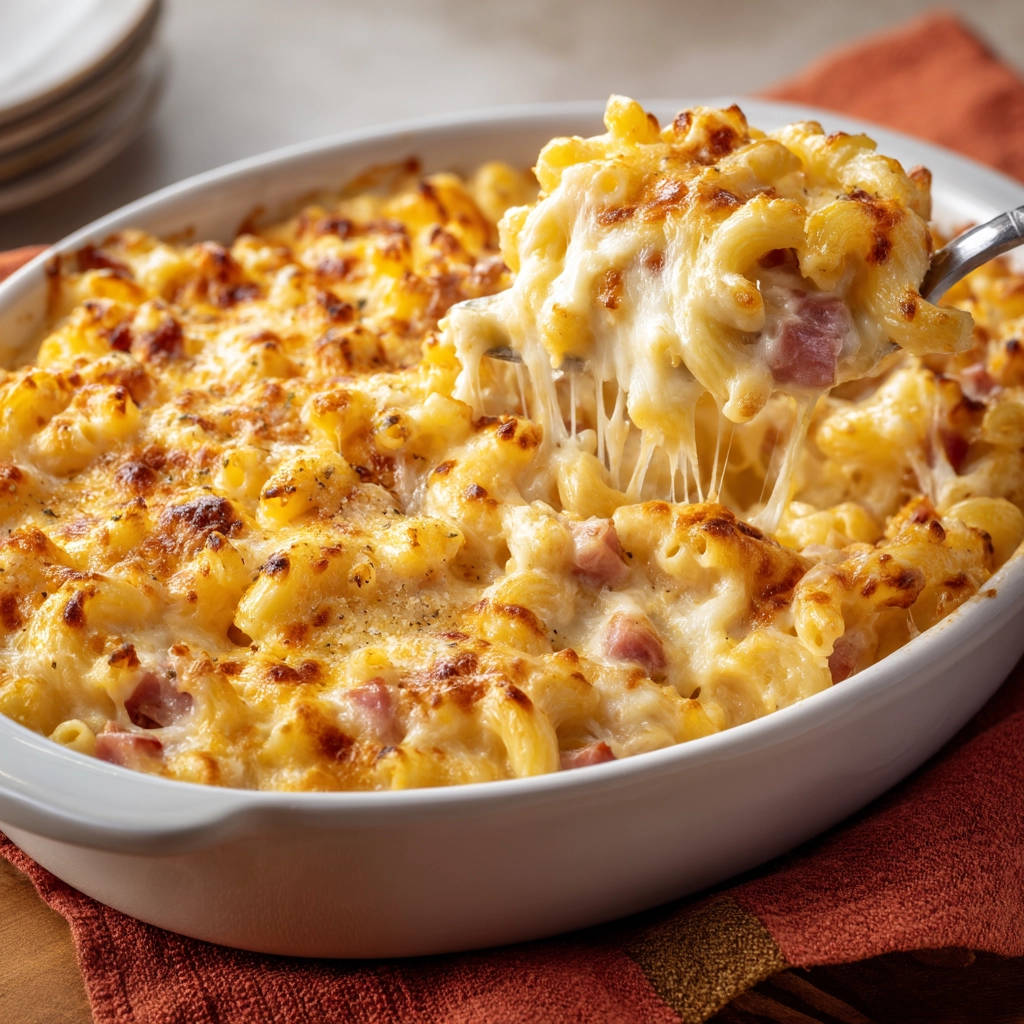 Cremiger Nudelauflauf mit Schinken, nah aufgenommen, zeigt den geschmolzenen Käse, der Fäden zieht.