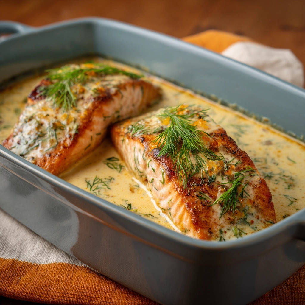 Cremiger Ofen-Lachs mit Dill-Senf-Soße, saftig in der Auflaufform mit frischem Dill garniert
