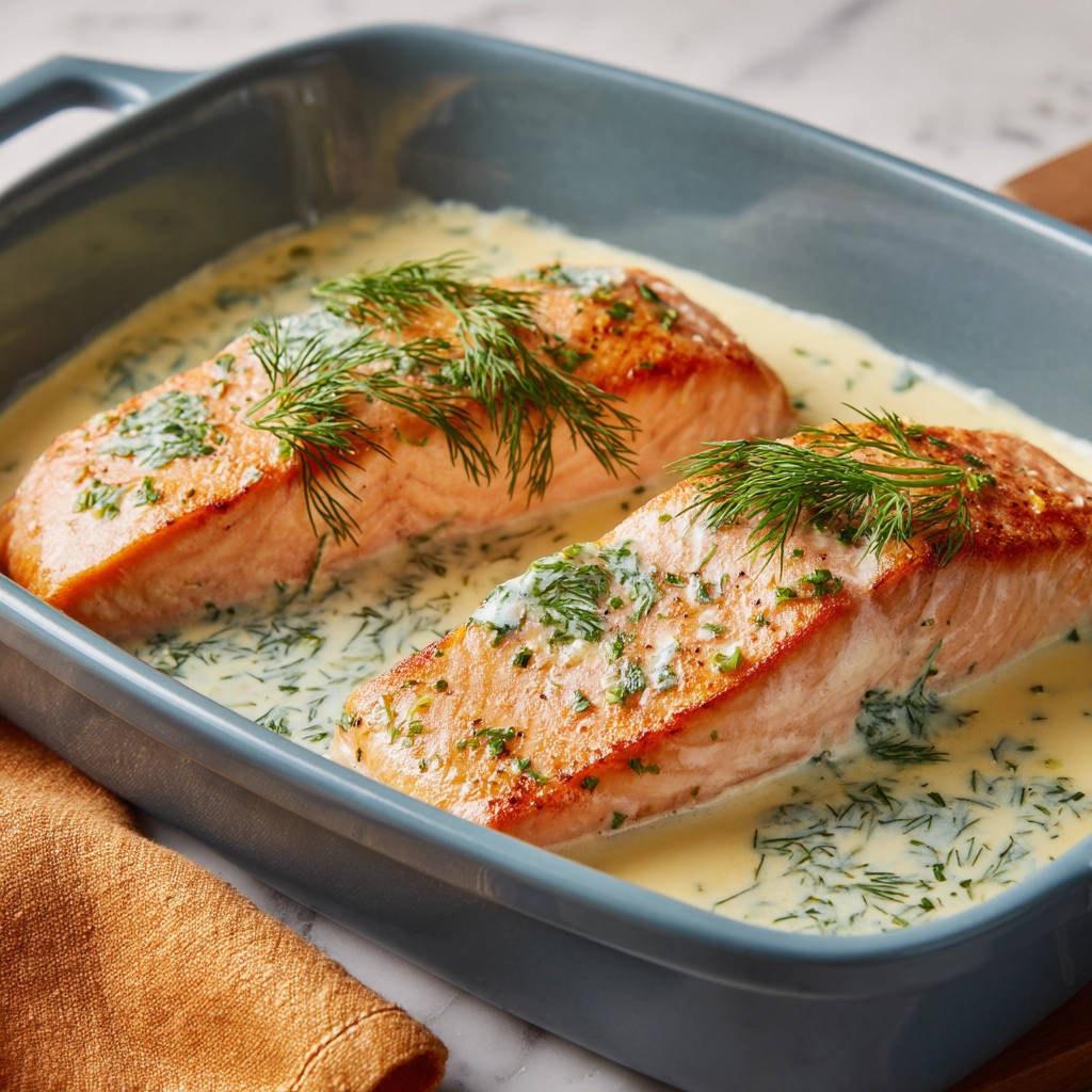 Cremiger Ofen-Lachs mit Dill-Senf-Soße, zwei saftige Lachsfilets in einer cremigen Soße, garniert mit frischem Dill.