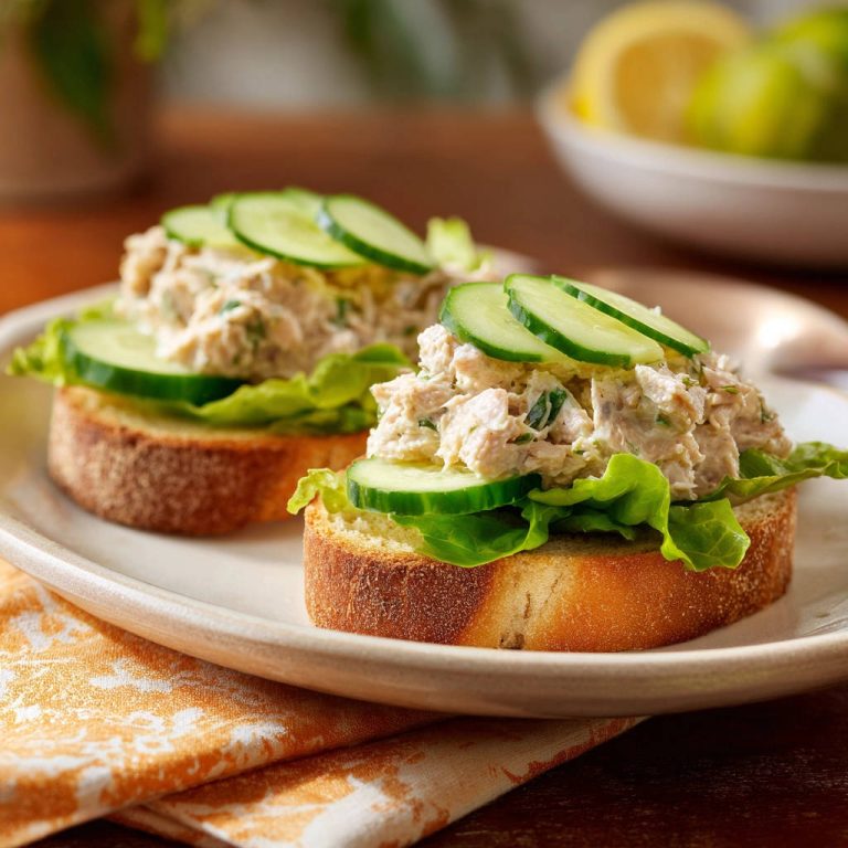 Cremiger Thunfischsalat auf geröstetem Brot, serviert als zwei offene Sandwiches mit Gurkenscheiben und Salatblatt.