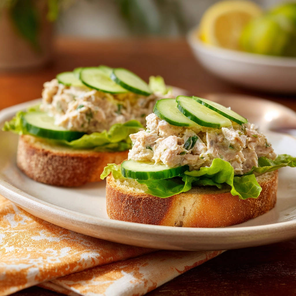 Cremiger Thunfischsalat auf geröstetem Brot, serviert als zwei offene Sandwiches mit Gurkenscheiben und Salatblatt.
