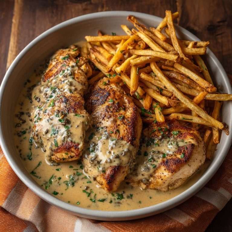 Cremiges Hähnchen mit Kapernsoße, zartes gebratenes Hähnchenbrustfilet mit viel Soße und Pommes Frites, nahaufnahme serviert