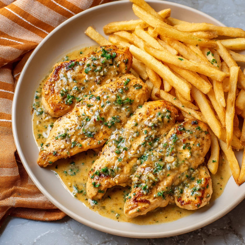 Cremiges Hähnchen mit Kapernsoße serviert auf einem Teller mit Pommes Frites und frischer Petersilie garniert.