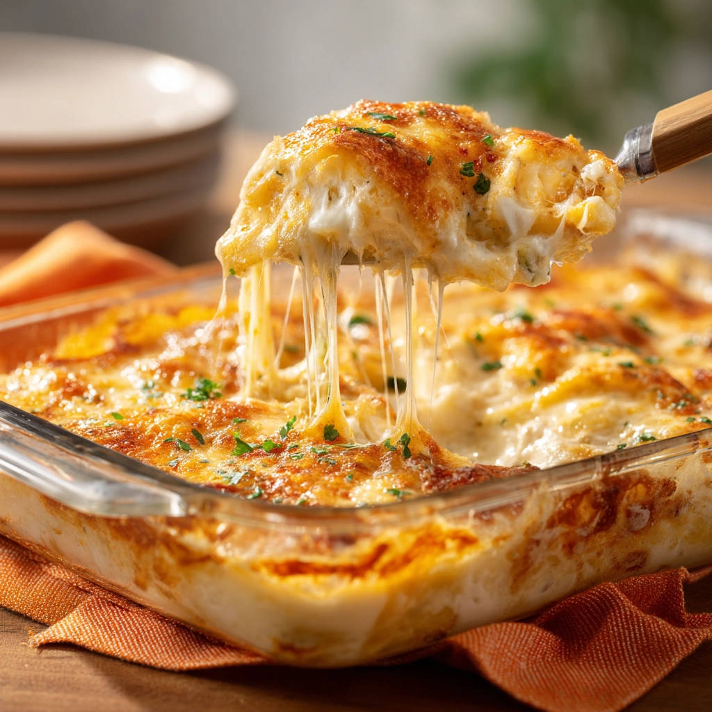 Cremiges Kartoffelgratin mit Käse, der Fäden zieht, wird aus einer Auflaufform gehoben.