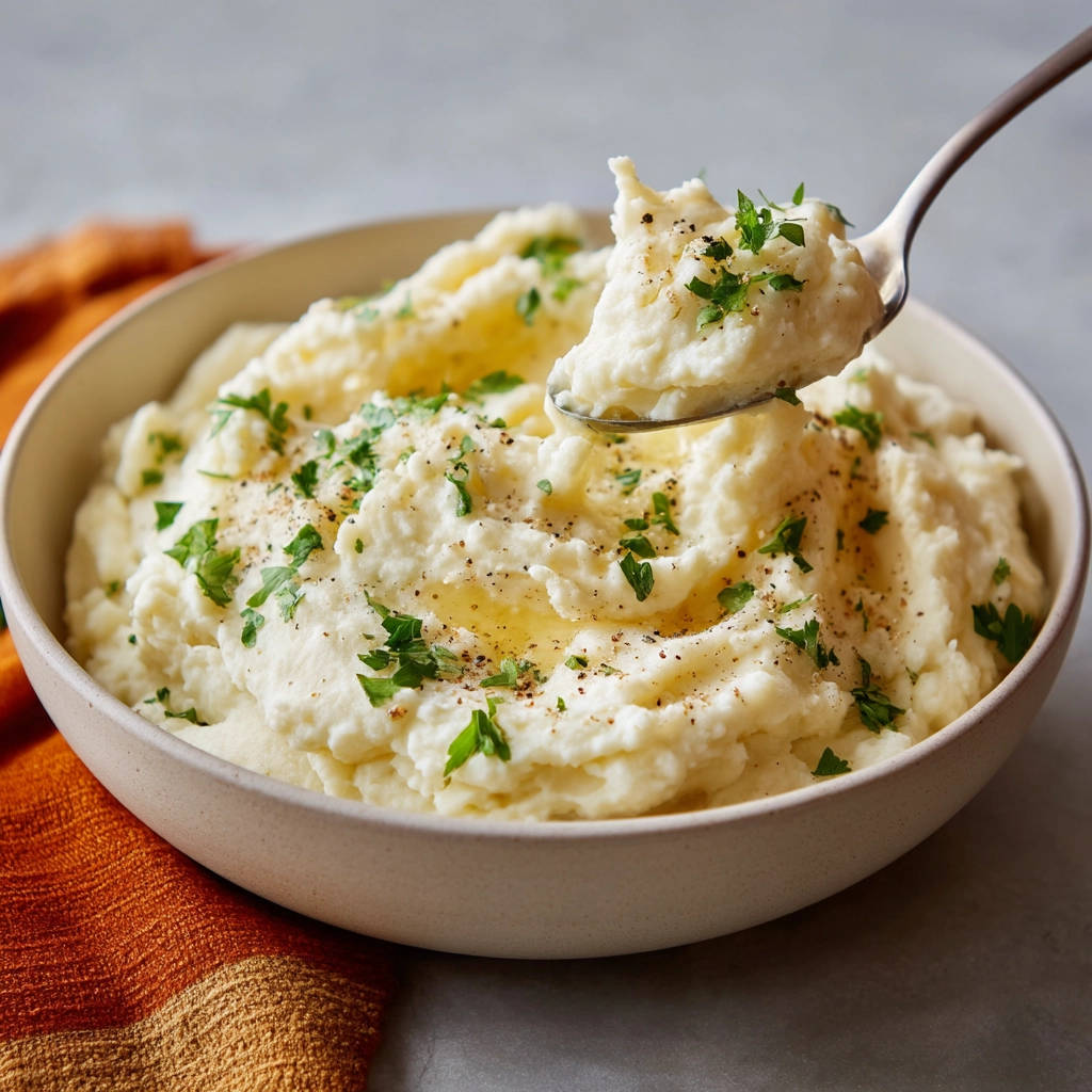 Cremiges Kartoffelpüree mit Petersilie und Pfeffer, ein Löffel wird aus der Schüssel entnommen.