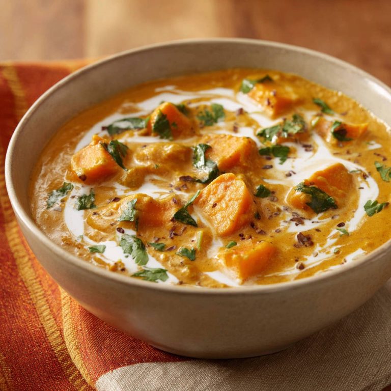 Cremiges Süßkartoffel-Curry als Nahaufnahme, garniert mit Kokosmilch und frischen Kräutern.
