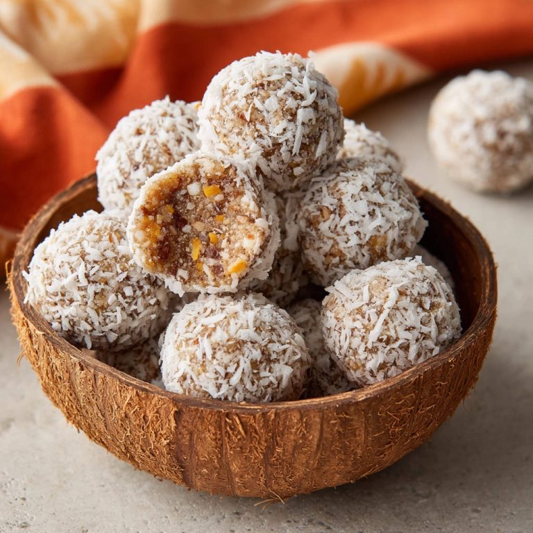 Dattel-Kokos Energiebällchen angeschnitten im Kokosnussschiffchen, umgeben von weiteren Bällchen, dekoriert mit Kokosraspeln.