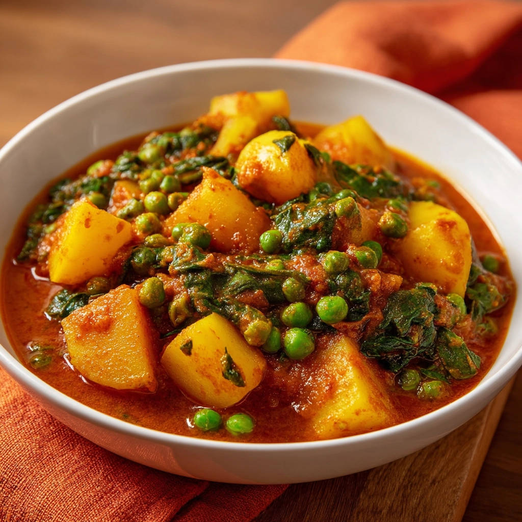 Deutsches Kartoffel-Erbsen-Curry mit Spinat als Nahaufnahme in einer weißen Schüssel, mit perfekt gegarten Kartoffelstücken und Erbsen.