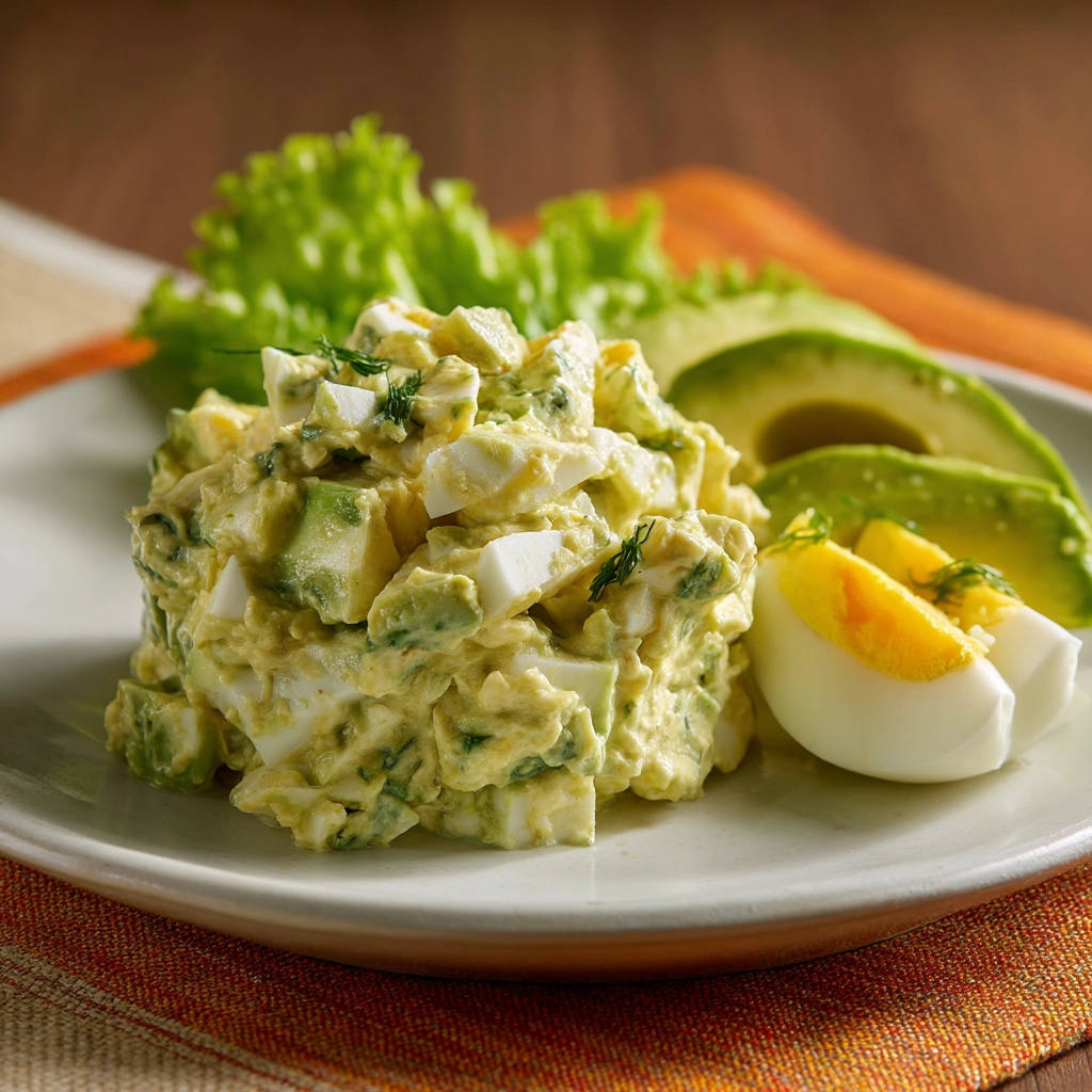 Eiersalat mit Avocado, serviert auf einem Teller mit garnierten hartgekochten Eiern und Avocadoscheiben.