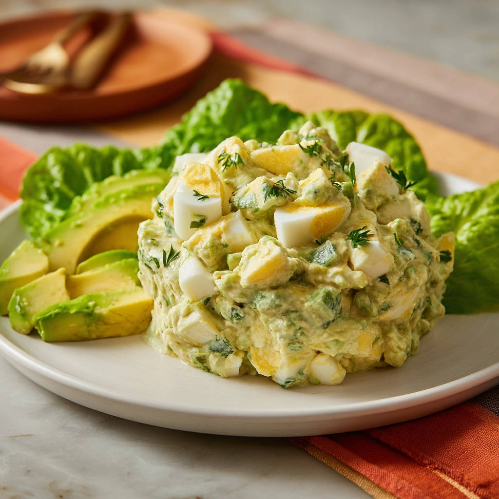 Eiersalat mit Avocado, serviert mit frischen Gurkenscheiben und Salatblättern auf einem weißen Teller.