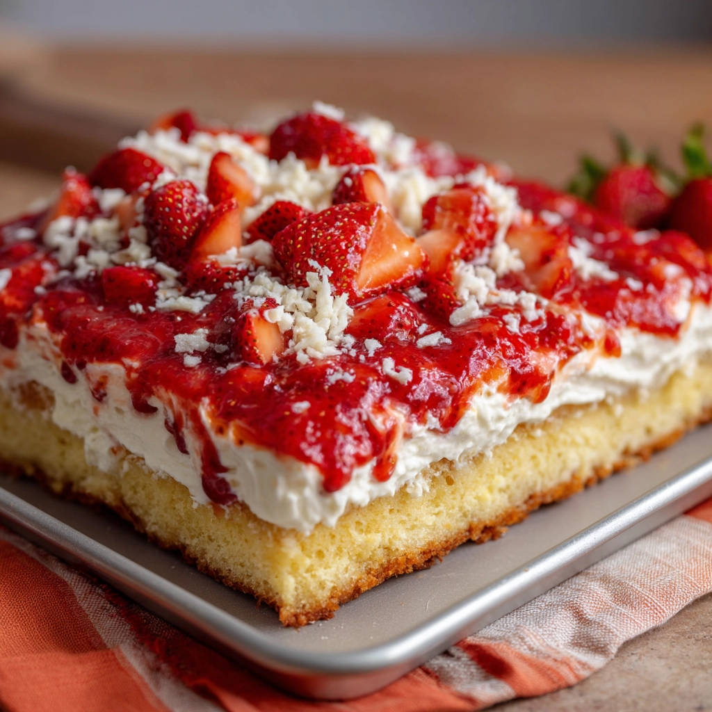 Saftiger Erdbeer-Blechkuchen mit Frischkäse-Haube und Erdbeersalat-Topping, von vorne aufgenommen.