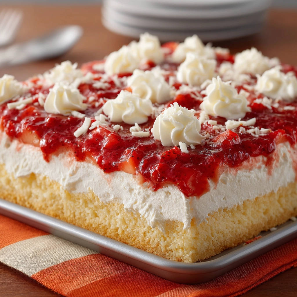 Saftiger Erdbeer-Blechkuchen im Querschnitt mit Sahnetuffs und Erdbeersoße, garniert mit weißer Schokolade.
