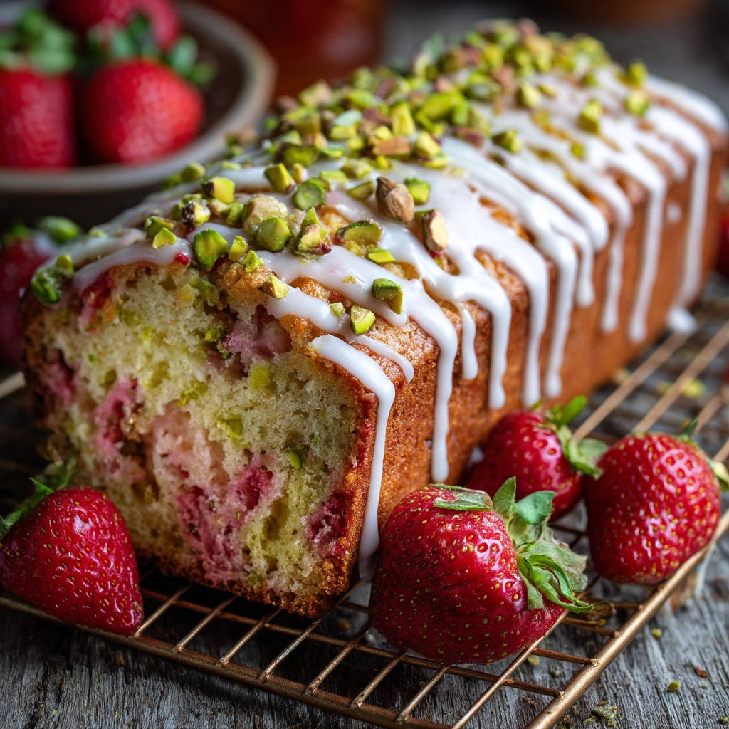 Erdbeer-Pistazien-Kuchen angeschnitten mit saftigen Erdbeeren und glasiert, garniert mit Pistazien