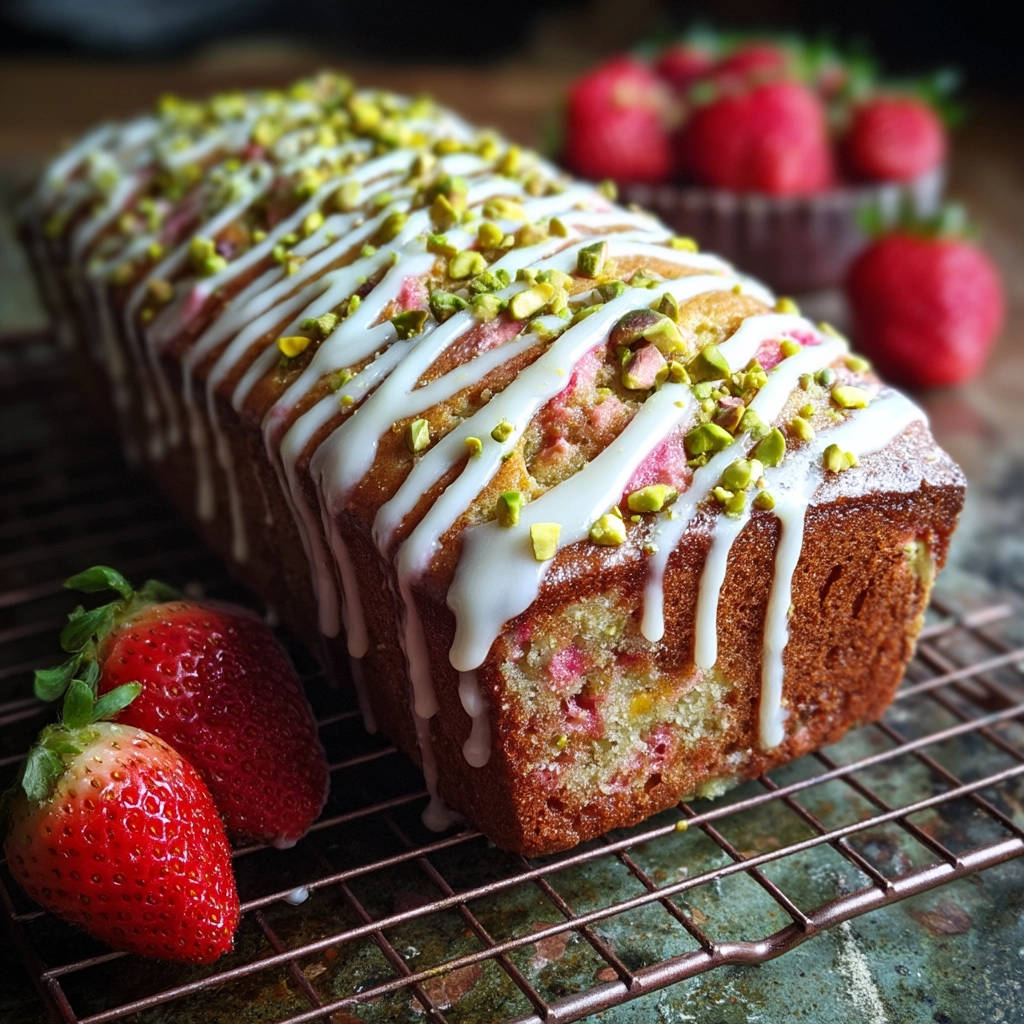 Erdbeer-Pistazien-Kuchen mit weißer Glasur und gehackten Pistazien, auf einem Gitterrost abgekühlt.