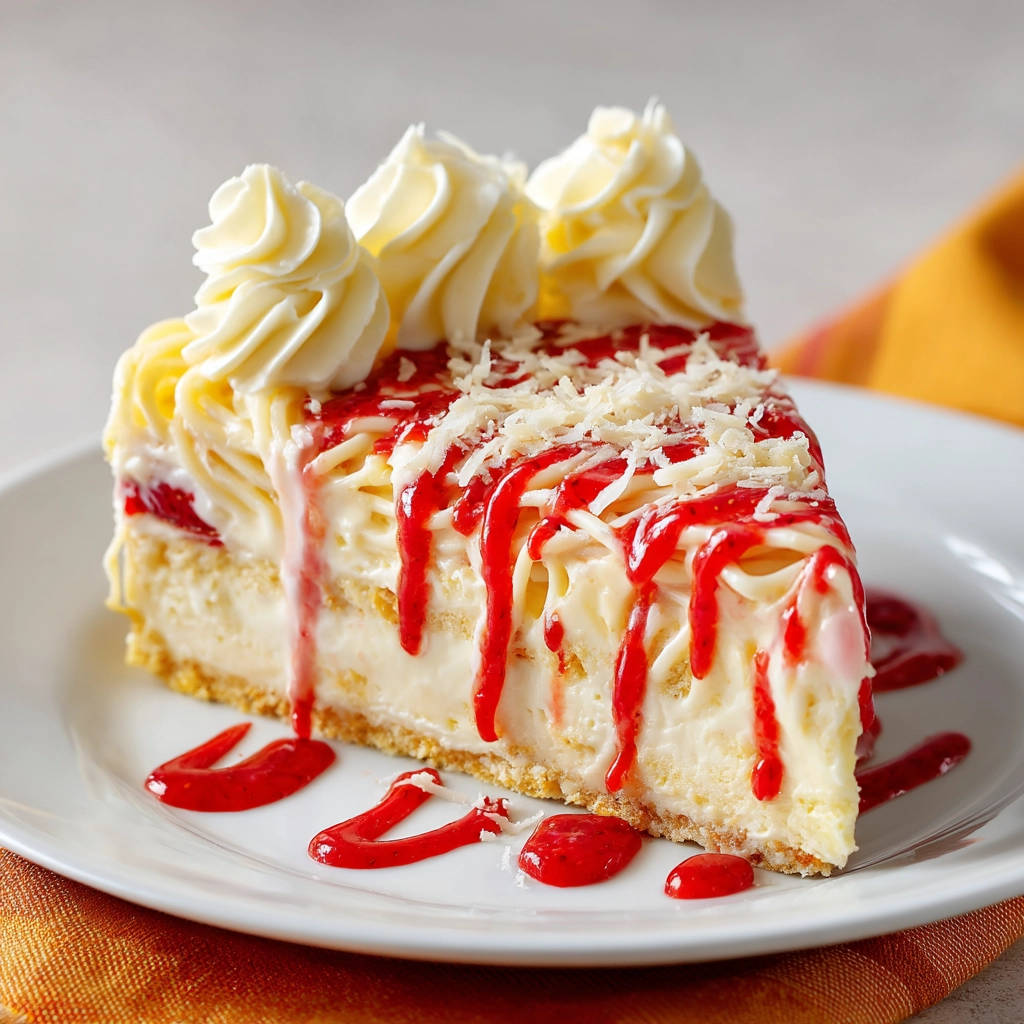 Erdbeer-Sahnetorte angeschnitten mit einer kunstvollen Garnitur aus Sahnetuffs, Erdbeersauce und weißen Schokostreuseln.