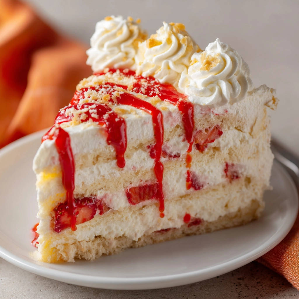 Erdbeer-Sahnetorte angeschnitten auf einem weißen Teller mit frischen Erdbeeren und Sahnetupfern, ein Stück des Kuchens.