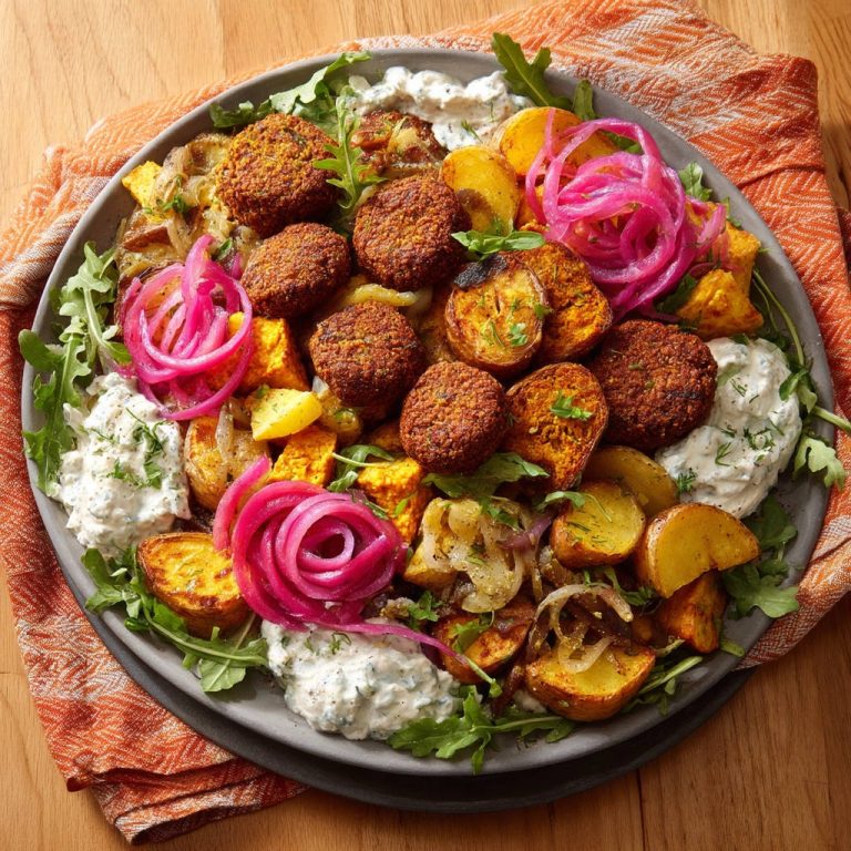 Falafel-Bowl mit geröstetem Gemüse, serviert auf einem Teller mit Dip und garniert mit eingelegten roten Zwiebeln, aus der Vogelperspektive.