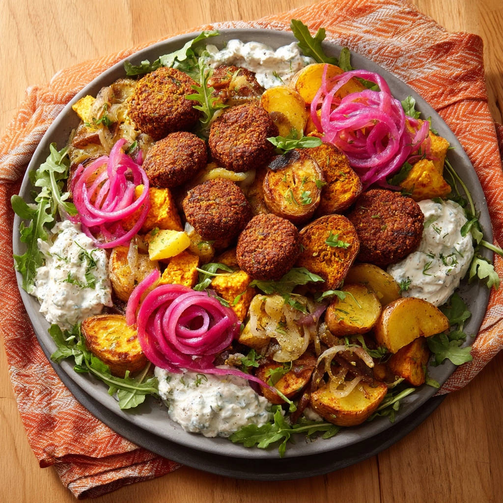 Falafel-Bowl mit geröstetem Gemüse, serviert auf einem Teller mit Dip und garniert mit eingelegten roten Zwiebeln, aus der Vogelperspektive.