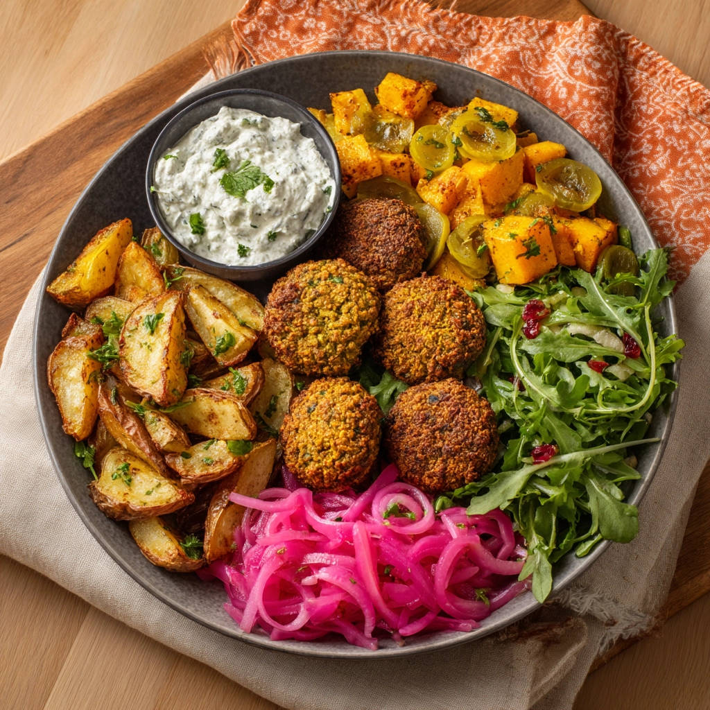 Falafel-Bowl mit geröstetem Gemüse, serviert mit Beilagen wie Kartoffelspalten und Dip.