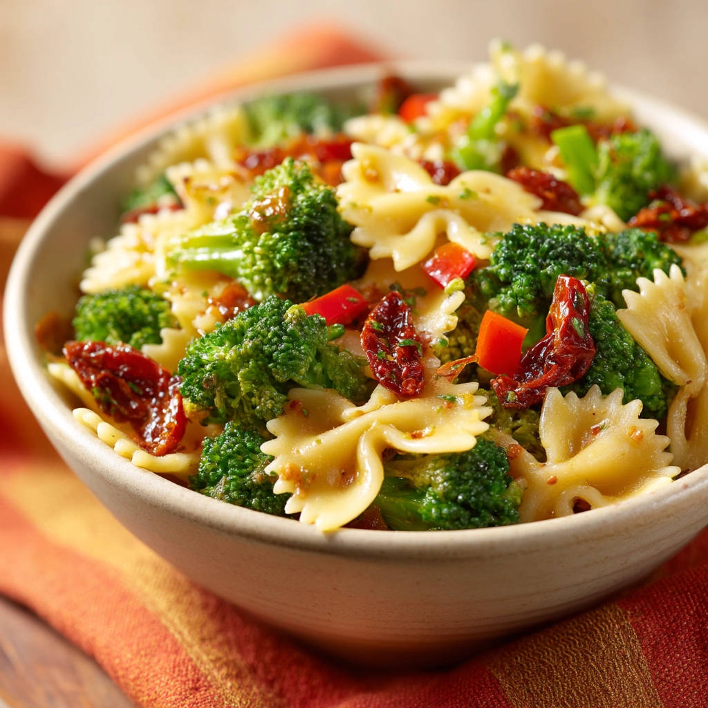 Farfalle mit Brokkoli und getrockneten Tomaten als Nahaufnahme in einer Schüssel auf einem gestreiften Tuch.