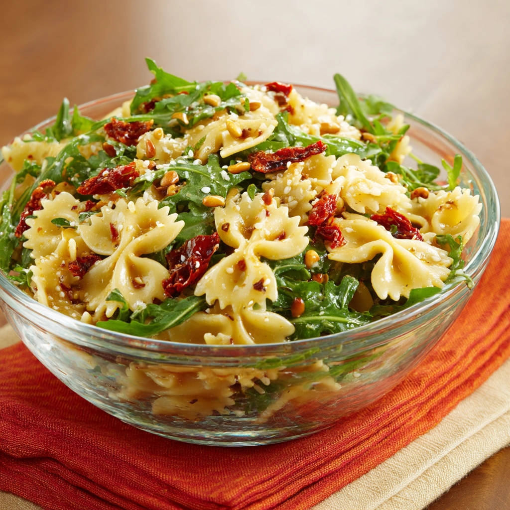 Farfalle-Salat mit Rucola und getrockneten Tomaten in einer Glasschüssel, Nahaufnahme der einzelnen Nudeln und Zutaten.
