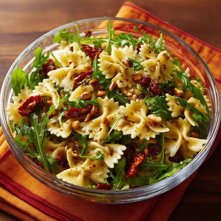 Farfalle-Salat mit Rucola und getrockneten Tomaten, eine Nahaufnahme mit Fokus auf die Textur der Nudeln, des Rucolas und der getrockneten Tomaten.