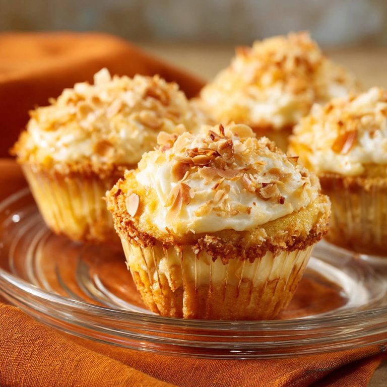 Feuchte Mandel-Cupcakes mit Frischkäse-Frosting, garniert mit gerösteten Mandelsplittern auf einem Glasständer