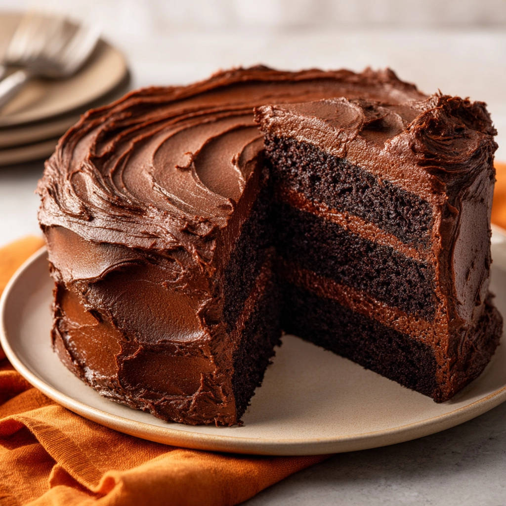 Feuchter Schokoladenkuchen angeschnitten mit einem detaillierten Blick auf die saftigen Schichten und die cremige Schokoladenfüllung.