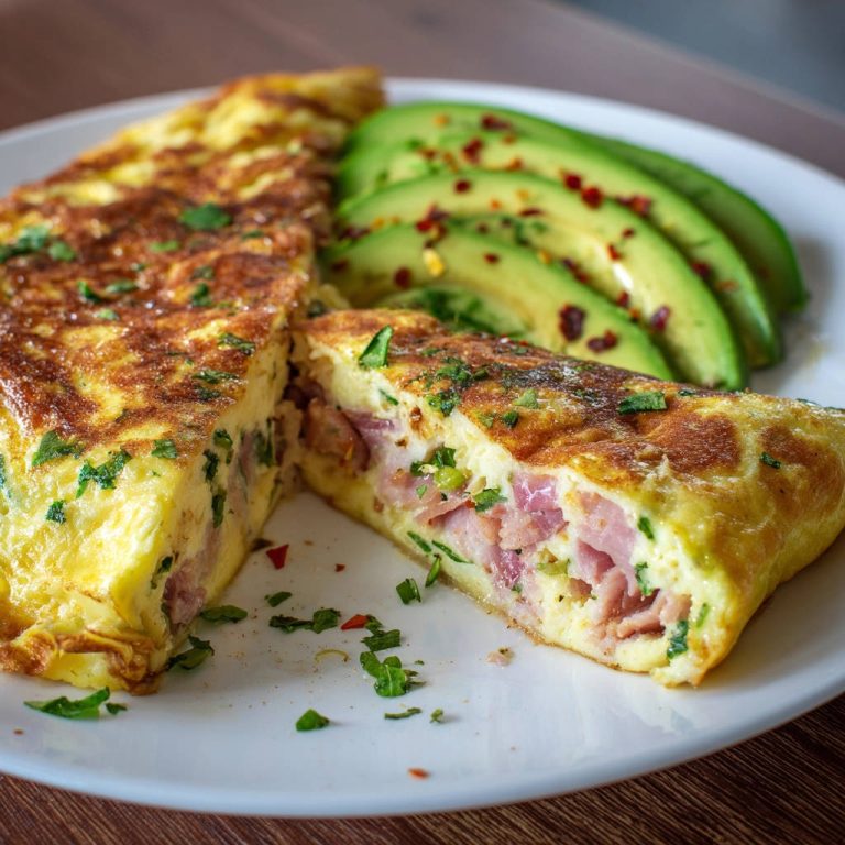 Fluffiges Omelette mit Schinken und Käse angeschnitten auf einem Teller mit Avocado-Scheiben und Kräutern.