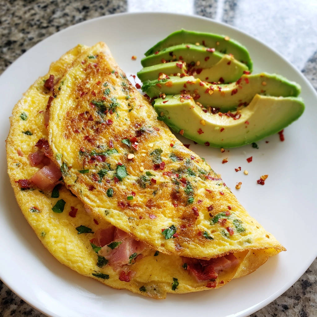 Fluffiges Omelette mit Schinken und Käse, serviert mit Avocado und garniert mit Chiliflocken und Petersilie.