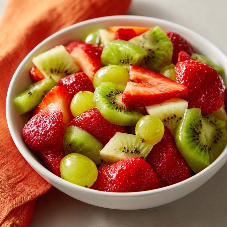 Einfacher Fruchtsalat als Nahaufnahme mit frischen Kiwischeiben, Erdbeeren und grünen Trauben in einer weißen Schüssel.