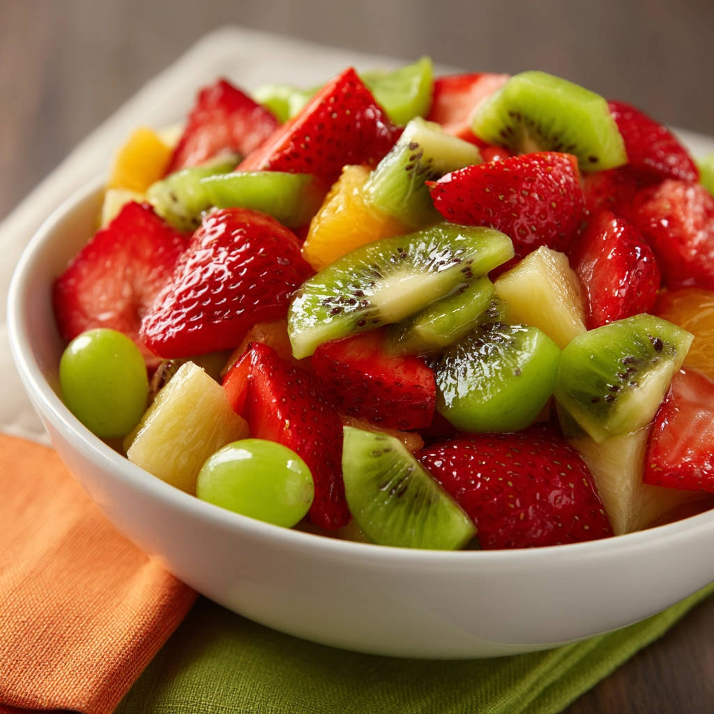 Einfacher Fruchtsalat in einer weißen Schüssel, nahaufnahme der bunten Früchte wie Erdbeeren, Kiwi und Trauben.