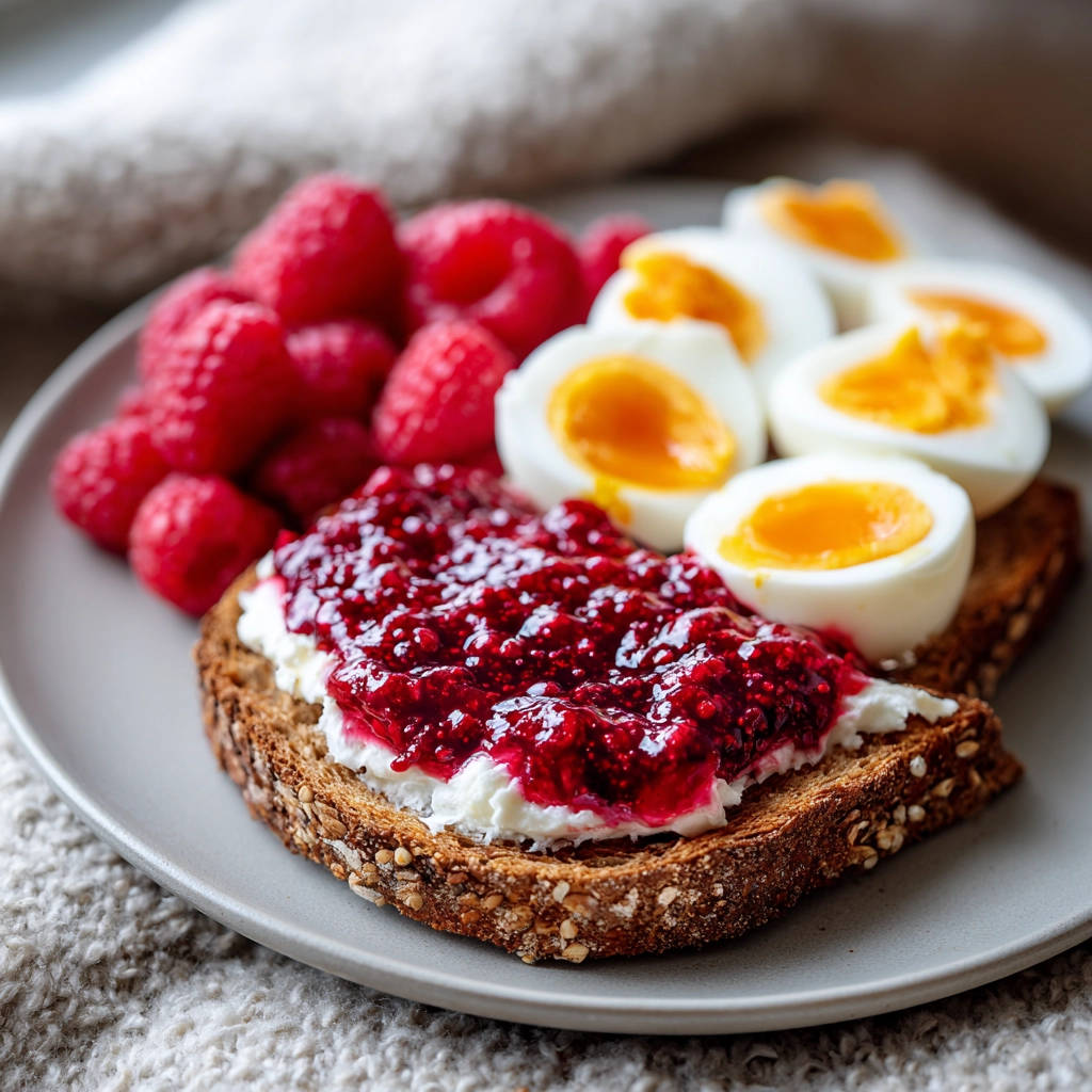 Frühstück mit weichen Eiern und Beerenbrot, Nahaufnahme des Toasts mit Frischkäse und Beerenmarmelade auf einem Teller.