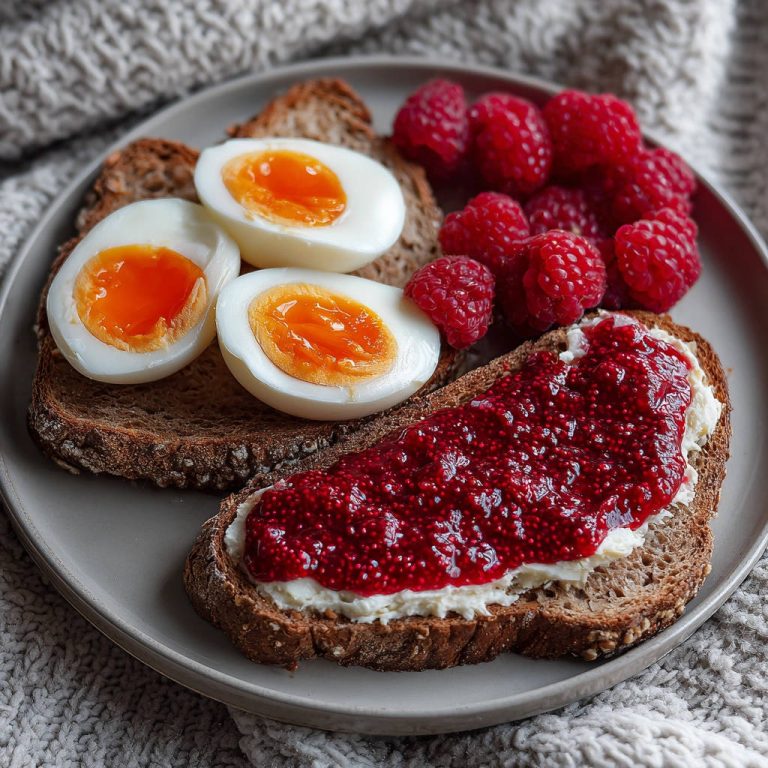 Frühstück mit weichen Eiern und Beerenbrot, Nahaufnahme des angerichteten Tellers mit Brot, Eiern und Beeren.