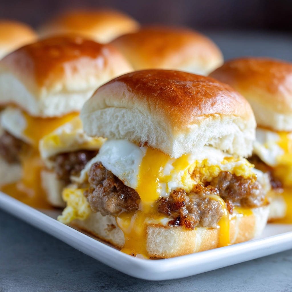 Frühstücks-Slider mit Speck, Ei und Käse, innen mit schmelzendem Käse und Fleisch-Patty im Nahaufnahme-Detail.