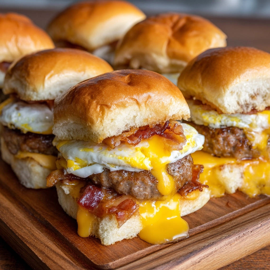Frühstücks-Slider mit Speck, Ei und Käse als Nahaufnahme mit geschmolzenem Käse, der herabtropft