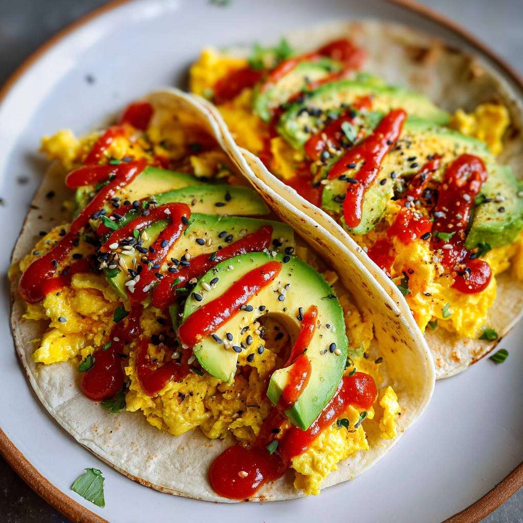 Frühstücks-Tacos mit Rührei und Avocado, nahaufnahme mit Sriracha und Sesam garniert