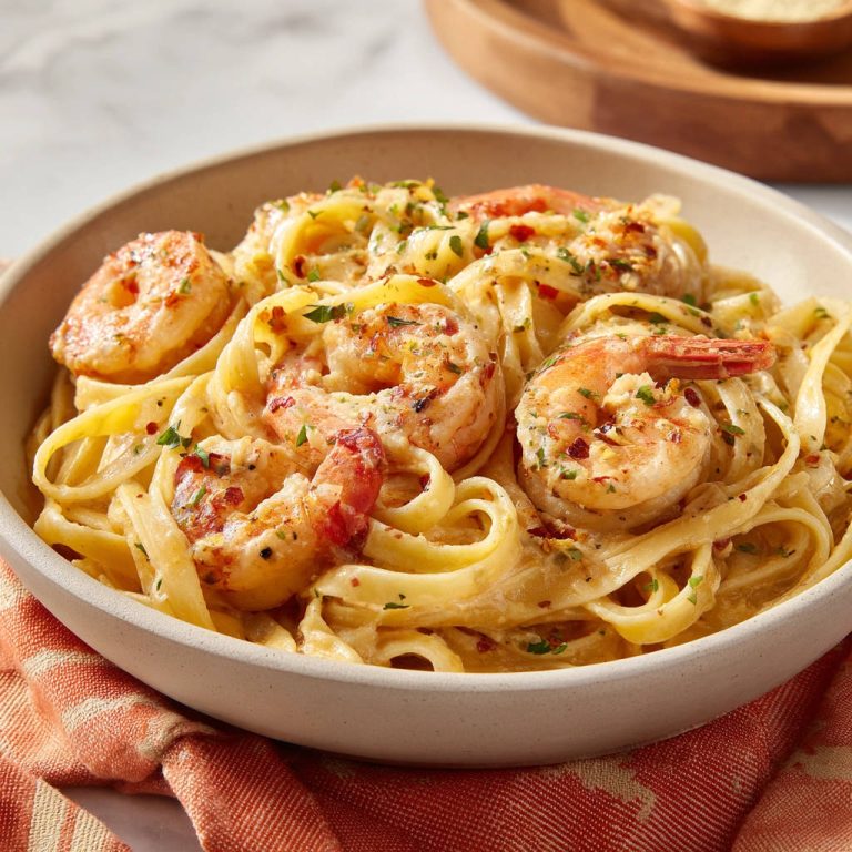 Cremige Garnelen-Fettuccine, nah aufgenommen mit sichtbaren Garnelen und frischen Kräutern, perfekt saftig!
