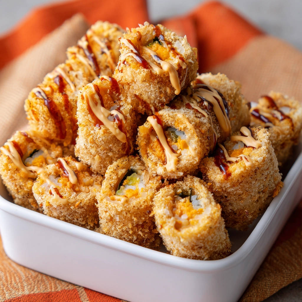 Gebackene Sushi-Rollen mit knuspriger Panade, verfeinert mit Saucen, sind in einer weißen Schale geschichtet.