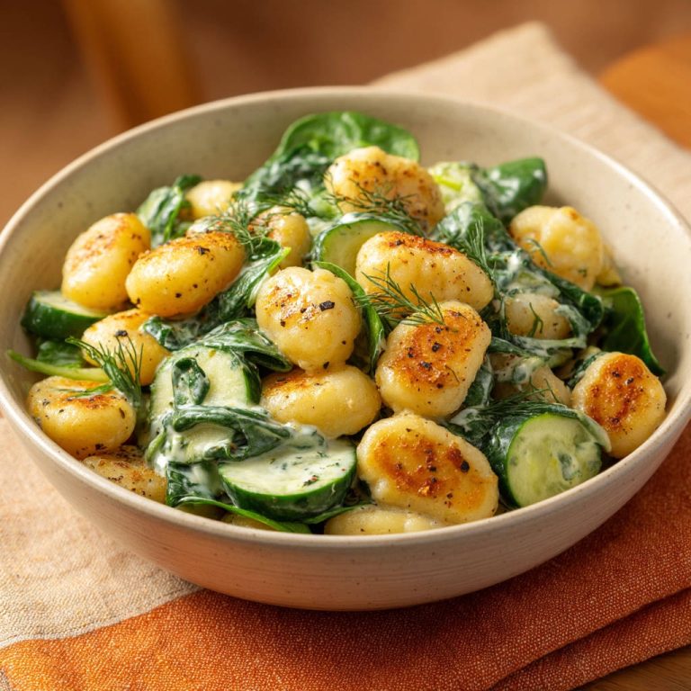 Gebratene Gnocchi mit cremigem Spinat und Gurke als Nahaufnahme in einer Schüssel, garniert mit Dill.