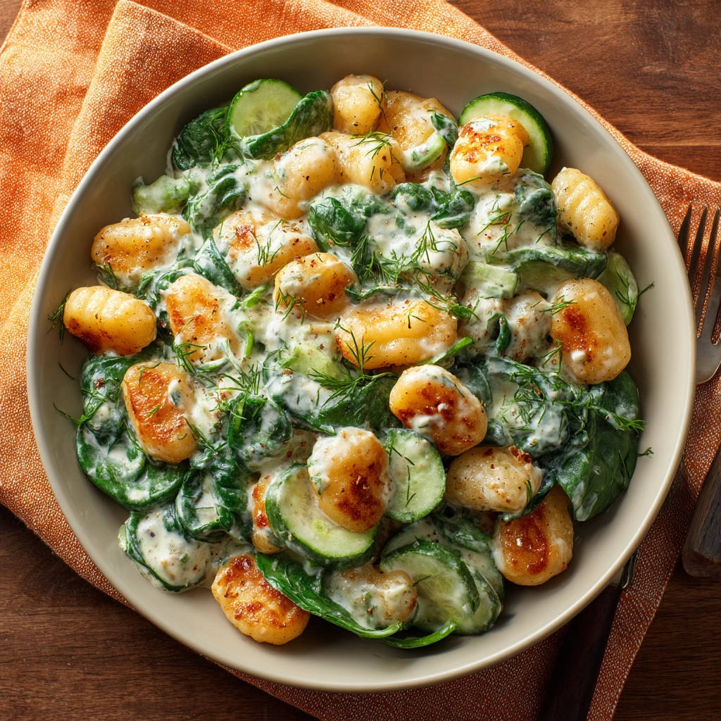 Gebratene Gnocchi mit cremigem Spinat und Gurke in einer Schüssel von oben serviert, garniert mit Dill.