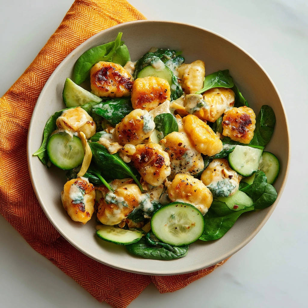 Gebratene Gnocchi mit Spinat und Gurke in einer Schüssel, nahaufnahme des herzhaften Gerichts mit cremiger Sauce.