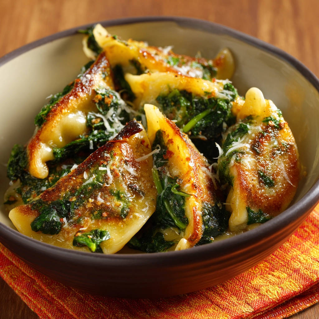 Gebratene Gnocchi mit Spinat und Parmesan, nahaufnahme der goldbraunen Teigwaren mit grüner Füllung.
