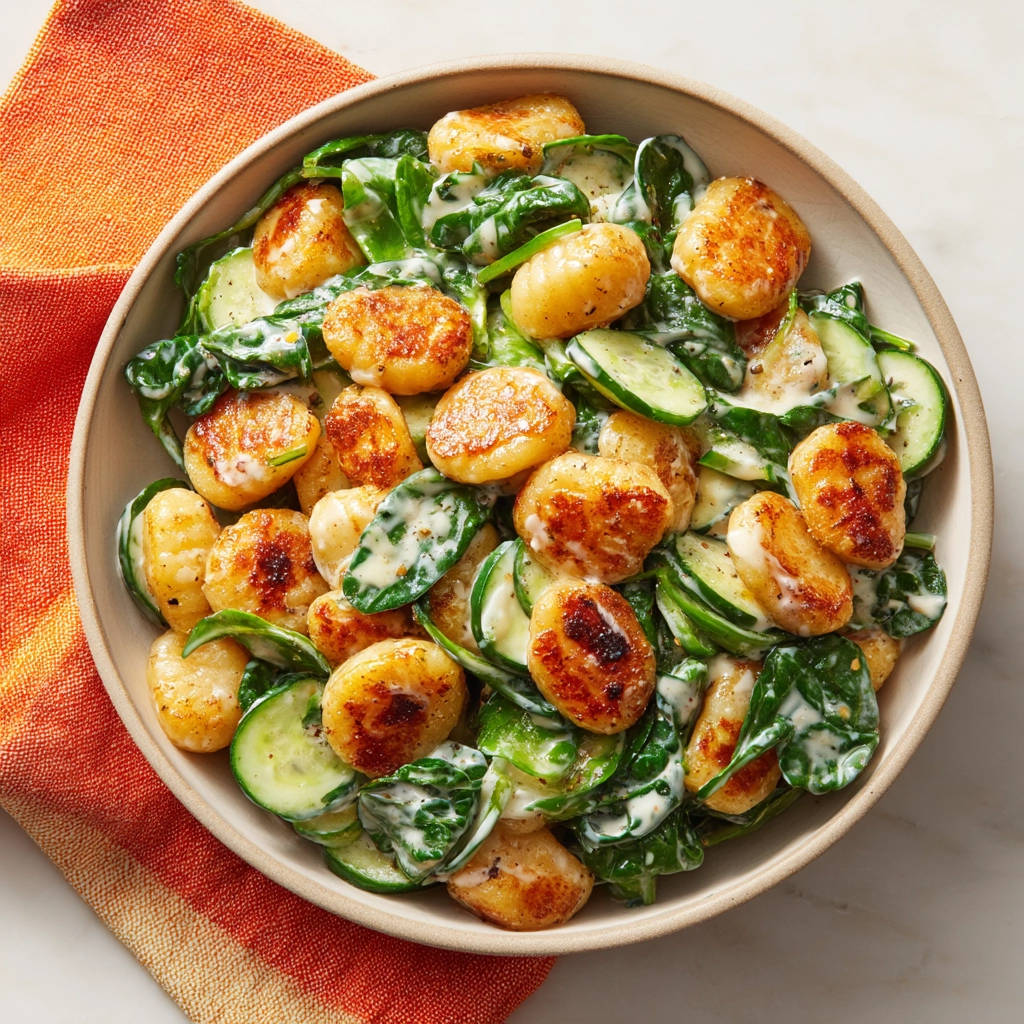 Gebratene Gnocchi mit Spinat und Gurke in cremiger Sauce, aus der Vogelperspektive in einer Schüssel serviert.
