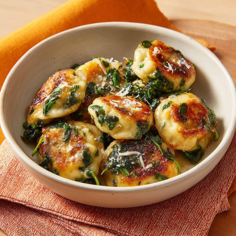 Gebratene Gnocchi mit Spinat und Parmesan, nahaufnahme der goldbraunen Gnocchi mit grünen Spinatstücken und geriebenem Käse.