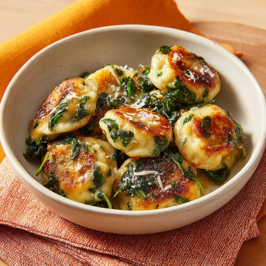 Gebratene Gnocchi mit Spinat und Parmesan, nahaufnahme der goldbraunen Gnocchi mit grünen Spinatstücken und geriebenem Käse.