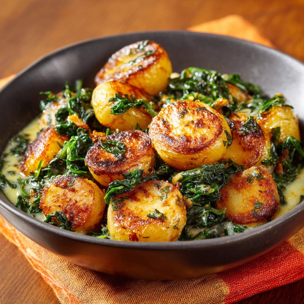 Gebratene Jakobsmuscheln mit Spinat in cremiger Sauce, Nahaufnahme der goldbraunen Muscheln und des grünen Gemüses.